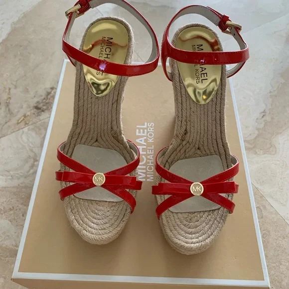 Michael Kors Orange/Red Espadrille Wedges with Patent Straps - Picture 2 of 3